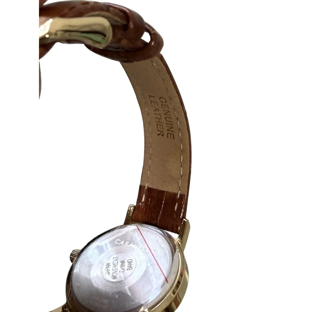 Caravelle by Bulova Gold Tone Watch Brown Leather Strap 44L256 White Dial